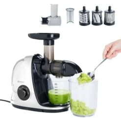 OCUU Slow Masticating Juicer Bundle Set With Vegetable Shredder/Slicer Attachment, 3 Easy To Use And Clean Interchangeable Blades, Quiet Motor & Reverse Function
