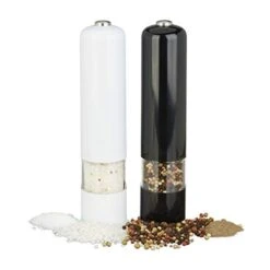 Electrical Pepper Mill With Light, Set Of 2, Spice Shaker, Plastic, Battery-Powered, Black/White