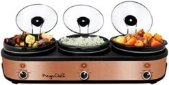 Triple 2.5 Quart Slow Cooker And Buffet Server In Brushed Copper And Black Finish With 3 Ceramic Cooking Pots And Removable Lid Rests -KitchenAid Shop 41xmPeJc8L. AC