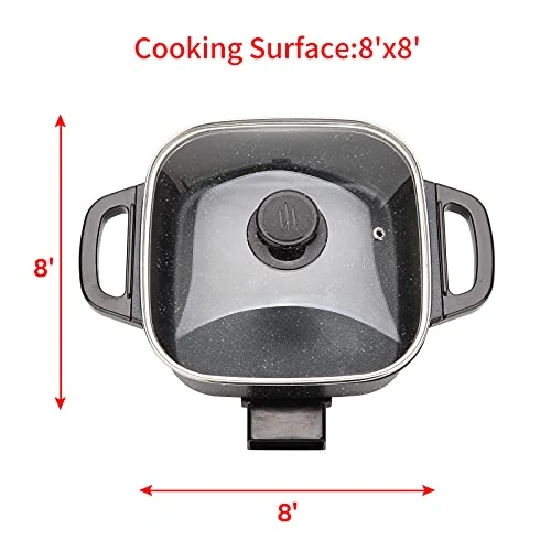 Aoran Small Skillet Electric Non-Stick Square,8 Inch Electric Frying Pan With Tempered Glass Vented Lid,Mini Personal Electric Skillet Indoor,Black,1000 Watts 7 Aoran Small Skillet Electric Non-Stick Square,8 Inch Electric Frying Pan With Tempered Glass Vented Lid,Mini Personal Electric Skillet Indoor,Black,1000 Watts - Image 5
