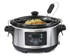 Hamilton Beach Portable 6 Quart Set & Forget Digital Programmable Slow Cooker With Lid Lock, Dishwasher Safe Crock & Lid, Temperature Probe, Stainless Steel
