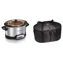 4-Quart Programmable Slow Cooker With Dishwasher-Safe Crock And Lid, Silver (33443) & Hamilton Beach Travel Case & Carrier Insulated Bag (33002),Black