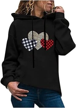 VODMXYGG Women Casual Fashion Long Sleeve Pullover Fun Print Hooded Sweatshirt Loose Sports Blouse Top