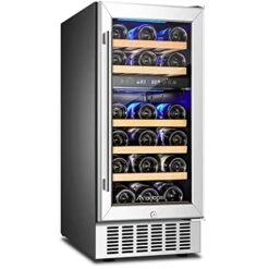 ใUpgraded 15 Inch Wine Cooler, 28 Bottle Dual Zone Wine Refrigerator With Stainless Steel Tempered Glass Door,Memory Function, Fit Champagne Bottles, Wine Fridge Freestanding And Built-in