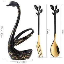 Black Swan Base Holder With 5-Pieces 4.7-inch Small Coffee Spoons And 5-Pieces Dessert Fork,Leaf Handle Set (Black & Gold)