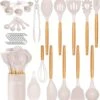 Kitchen Utensils Set, 33 Pcs Non-Stick Silicone Cooking Utensils Set, Heat-Resistant Silicone, Wooden Utensils For Cooking, Kitchen Gadgets Spatula Set, Apartment Essentials Kitchen Set (Khaki)