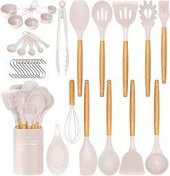 Kitchen Utensils Set, 33 Pcs Non-Stick Silicone Cooking Utensils Set, Heat-Resistant Silicone, Wooden Utensils For Cooking, Kitchen Gadgets Spatula Set, Apartment Essentials Kitchen Set (Khaki)