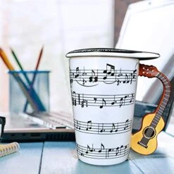 Mug Cup With Guitar Handle And Art Musical Notes Holds 13.5 Oz, Tea Coffee Milk Ceramic Mug Gift For Music Lover