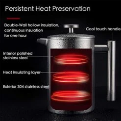 French Press Coffee Maker Stainless Steel Double Wall Insulated Large Capacity 1 Liter 1000ml 34oz 8Cup And Dishwasher Safe Metal Coffee-Press For Camping Travel Silver -KitchenAid Shop 511US5wlfDL