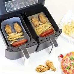 CUTIECLUB 2pcs Silicone Pot And 100pcs Disposable Liners Paper Set For Ninja DualZone XL/Dual Air Fryer, Rectangle Basket With Finger Holder And Clip