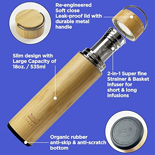 18oz Bamboo Mug Tumbler With Lid And 2 Pack Tea Filters For Loose Leaf Tea – Stainless Steel Insulated Tea Infuser Bottle With Strainer – Tea Gift Set For Tea Lovers Men Women 4 18oz Bamboo Mug Tumbler With Lid And 2 Pack Tea Filters For Loose Leaf Tea – Stainless Steel Insulated Tea Infuser Bottle With Strainer – Tea Gift Set For Tea Lovers Men Women - Image 2