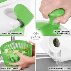 Manual Salad Spinner Fruits And Vegetable Washer With Clear Serving Bowl Colander Basket Smart-Lock Lid Easy Drain System Non-Slip Base Washes Dries & Dresses Lettuce Vegetables & Fruit (Green) -KitchenAid Shop 511oTIfarbL