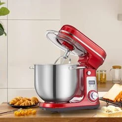 Kitchen Electric Stand Mixer, 6-Speed Tilt-Head Food Mixer With 6.5-QT Stainless Steel Bowl, Dough Hook, Flat Beater, Whisk And Anti-Splash Cover, Red (6.5-QT, Red) -KitchenAid Shop 512CwWv1f2L