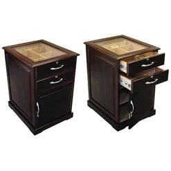Santiago End Table Glass Top Cigar Humidor With 2 Pull Out Drawers - Holds Up To 700 - Color: Cherry Walnut Finish
