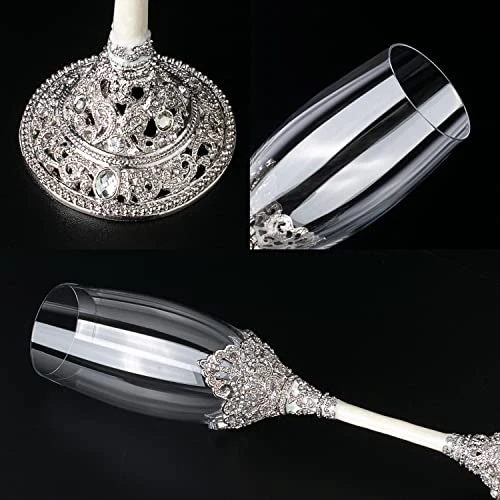 Silver Champagne Flutes - Crystal Glasses Metal Base With Crystal Stones, Set Of 2 Toasting Flute Pair, Wedding Anniversary Party Birthday Banquets, Gifts For Bride And Groom7oz… 5 Silver Champagne Flutes - Crystal Glasses Metal Base With Crystal Stones, Set Of 2 Toasting Flute Pair, Wedding Anniversary Party Birthday Banquets, Gifts For Bride And Groom7oz… - Image 3