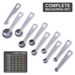 - 9 Measuring Spoons, Heavy Duty 18/8 Premium Stainless Steel Measuring Spoons Set, Spoons With US And Metric Measurements , Set Of 9 + Leveler, Measuring Tools For Dry And Liquid Ingredients