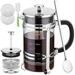 French Press Coffee Maker (34 Oz) With 4 Filters - 304 Durable Stainless Steel, Heat Resistant Borosilicate Glass Coffee Press, BPA Free,Silver