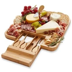 Organic Bamboo Cheese Cutting Board & Knife Gift Set - Wooden Serving Tray For Charcuterie Meat Platter, Fruit & Crackers - Slide Out Drawer With 4 Stainless Steel Knives