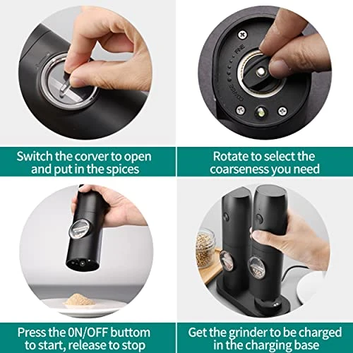 Electric Salt And Pepper Grinder Set, Rechargeable Pepper Grinder With Charger Tray, USB Cable, One Hand Operation, Adjustable Coarseness With Ceramic Grinder, ABS Body, (Set Of 2,Black) 8 Electric Salt And Pepper Grinder Set, Rechargeable Pepper Grinder With Charger Tray, USB Cable, One Hand Operation, Adjustable Coarseness With Ceramic Grinder, ABS Body, (Set Of 2,Black) - Image 6