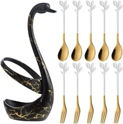 Black Swan Base Holder With 5-Pieces 4.7-inch Small Coffee Spoons And 5-Pieces Dessert Fork,Leaf Handle Set (Black & Gold) -KitchenAid Shop 515T xI3ElL. AC