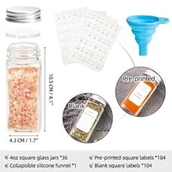 36pcs Glass Spice Jars With Label - 4 Oz Empty Square Seasoning Containers With Shaker Lids, Thick Spice Storage Bottles For Drawer, Cabinet