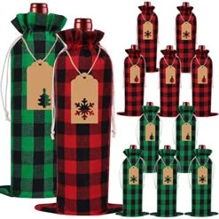 12pcs Christmas Wine Gift Bags, Christmas Wine Bags Classic Buffalo Plaid Wine Bottle Bags Reusable Burlap Xmas Wine Bottle Covers Clothes For Christmas New Year Wedding Holiday Parties