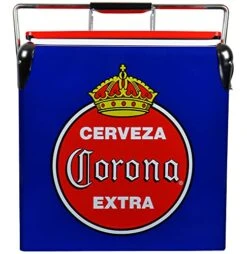 Corona Retro Ice Chest Cooler With Bottle Opener 13L (14 Qt), 18 Can Capacity, Blue And Red, Vintage Style Ice Bucket For Camping, Beach, Picnic, RV, BBQs, Tailgating, Fishing