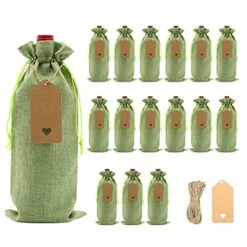 16 Pack Burlap Wine Bags,Jute Wine Gift Bags With Tags And Rope,Drawstring Wine Bottle Bags For Wine Tasting Party,Christmas, Wedding, Travel, Birthday, Holiday Party (Green)