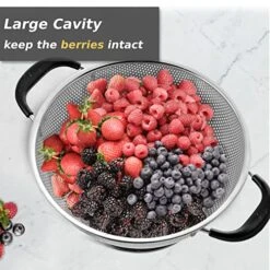 5 Qt Colander 18/8 Stainless Steel Colander Silicone Handle Easy Grip Micro-Perforated Strainer Heavy Duty And Self-draining Solid Ring Base BPA Free Dishwasher Safe - Black