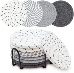 Coasters For Drinks With Holder, 6pcs Vintage Woven Coasters For Coffee Table, Water Absorbent Coaster Set, Handmade Braided Fabric Coasters, Home Decor Gifts (Brown) -KitchenAid Shop 5174tewK QL. AC