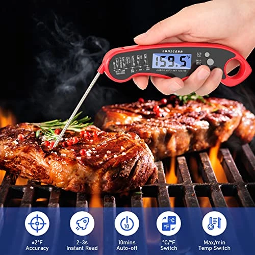 Onicera Digital Meat Thermometer With Foldable Probe, Backlight & Calibration. Waterproof & Instant Read For Kitchen Food Cooking Baking Candy Liquid (Red) 4 Onicera Digital Meat Thermometer With Foldable Probe, Backlight & Calibration. Waterproof & Instant Read For Kitchen Food Cooking Baking Candy Liquid (Red) - Image 2