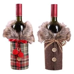 2pcs Christmas Sweater Wine Bottle Cover, Collar & Button Coat Design Wine Bottle Sweater,Newest Wine Bottle Clothes Set For Xmas Wedding Party Decoration