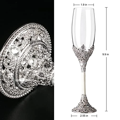 Silver Champagne Flutes - Crystal Glasses Metal Base With Crystal Stones, Set Of 2 Toasting Flute Pair, Wedding Anniversary Party Birthday Banquets, Gifts For Bride And Groom7oz… 4 Silver Champagne Flutes - Crystal Glasses Metal Base With Crystal Stones, Set Of 2 Toasting Flute Pair, Wedding Anniversary Party Birthday Banquets, Gifts For Bride And Groom7oz… - Image 2