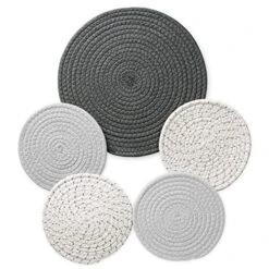 5-Pcs Trivet Pot Holder: Round Woven Potholders Set - 100% Cotton Braided Hot Pads - Coasters - Table Mats For Cooking And Baking One 11.8 Inch And Four 7 Inch