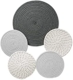 5-Pcs Trivet Pot Holder: Round Woven Potholders Set - 100% Cotton Braided Hot Pads - Coasters - Table Mats For Cooking And Baking One 11.8 Inch And Four 7 Inch -KitchenAid Shop 517nmF2JOaL. AC