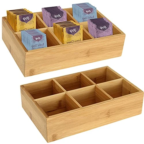 2 Pack Bamboo Tea Bag Organizer, Wood Hot Tea Bag Drawer Storage Organizer Holder With 6 Compartments, Tea Chest Box For Coffee Station, Sugar Packet, Sweeteners, Small Packets 3 2 Pack Bamboo Tea Bag Organizer, Wood Hot Tea Bag Drawer Storage Organizer Holder With 6 Compartments, Tea Chest Box For Coffee Station, Sugar Packet, Sweeteners, Small Packets