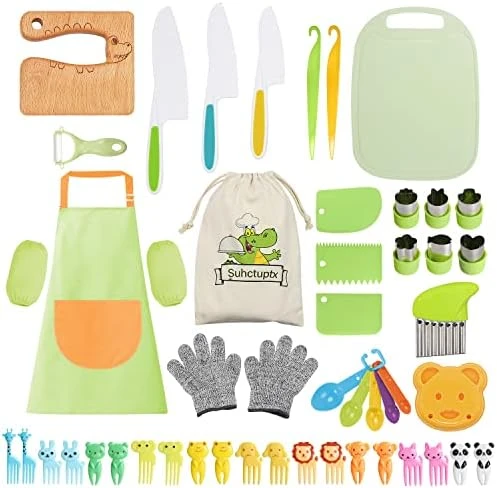 14 Pieces Wooden Kids Kitchen Knife Set With Gloves Cutting Board Fruit Vegetable Crinkle Cutters Serrated Edges Plastic Toddler Knifes For Real Cooking Kid Safe Knives - Crocodile 9 14 Pieces Wooden Kids Kitchen Knife Set With Gloves Cutting Board Fruit Vegetable Crinkle Cutters Serrated Edges Plastic Toddler Knifes For Real Cooking Kid Safe Knives - Crocodile - Image 7