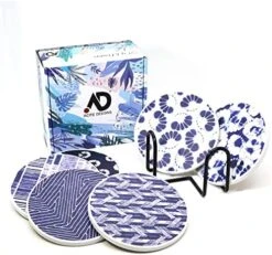 Set Of 6 Coasters With Holder For Drinks Absorbing Round Ceramic Stone Coaster With Cork Base,Tabletop Protection Mat For Mugs And Cups,Office,Kitchen (Colorful With Holder) -KitchenAid Shop 518xWQc5g L. AC