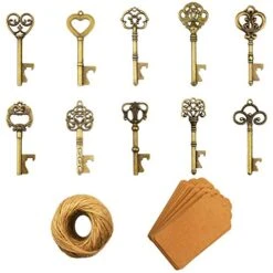 Key Bottle Openers - 50Pcs Vintage Skeleton Key Bottle Opener With Kraft Paper Gift Tags And Twine For Wedding Favors Antique Rustic Party Decoration, 10 Styles (Bronze)