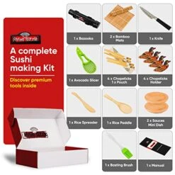 Ushi Kit For Home – 21 Piece Premium Sushi Making Kit Including Bamboo Sushi Rolling Mat, Sushi Bazooka, Chef's Knife, Bamboo Chopsticks, Avocado Slicer, Sushi Recipe Book, And More