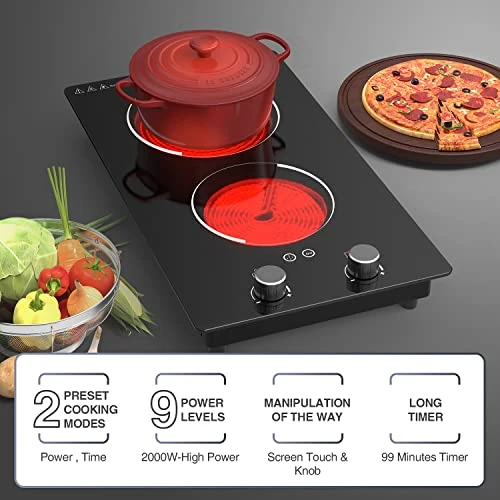 Lectric Cooktop,110V 2100W Electric Stove Top With Knob Control, 10 Power Levels, Kids Lock & Timer, Hot Surface Indicator, Overheat Protection,12 Inch Built-in Radiant Double Induction Cooktop 4 Lectric Cooktop,110V 2100W Electric Stove Top With Knob Control, 10 Power Levels, Kids Lock & Timer, Hot Surface Indicator, Overheat Protection,12 Inch Built-in Radiant Double Induction Cooktop - Image 2