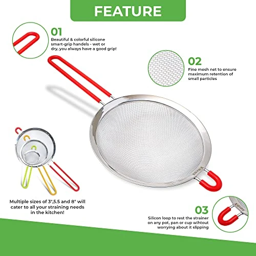 Et Of 3 Fine Mesh Strainer For Kitchen With Silicone Handle - Sieve Fine Mesh Stainless Steel Strainer, Sieve For Quinoa, Flour, Filter, Rinse, Strain Pasta, Noodles, Fine Mesh Seive 5 Et Of 3 Fine Mesh Strainer For Kitchen With Silicone Handle - Sieve Fine Mesh Stainless Steel Strainer, Sieve For Quinoa, Flour, Filter, Rinse, Strain Pasta, Noodles, Fine Mesh Seive - Image 3