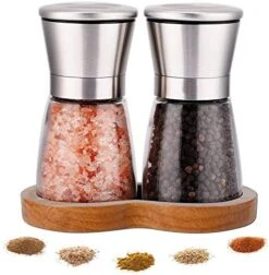 Salt And Pepper Grinder Set With Wooden Standing Tray, Refillable Pepper Mill Set - Brushed Stainless Steel - Short Glass Shakers With Adjustable Coarseness For Peppercorn, Salt Or Spice Mill 9 Salt And Pepper Grinder Set With Wooden Standing Tray, Refillable Pepper Mill Set - Brushed Stainless Steel - Short Glass Shakers With Adjustable Coarseness For Peppercorn, Salt Or Spice Mill -KitchenAid Shop 51A7YRHHwL. AC