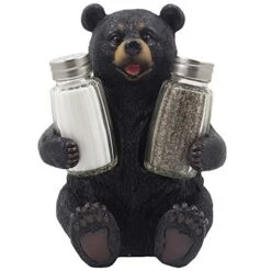 Decorative Black Bear Glass Salt And Pepper Shaker Set With Holder Figurine Sculpture For Rustic Lodge And Cabin Kitchen Table Decor Centerpieces & Spice Rack Decorations Or Teddy Bear Gifts