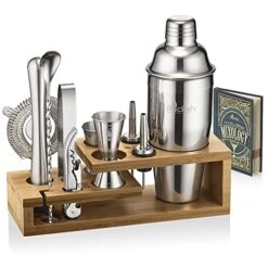 Mixology Bartender Kit And Cocktail Shaker Set For Drink Mixing | Mixology Set With 10 Bar Set Tools And Bamboo Stand Makes It The Perfect Home Cocktail Kit | Complete Bartender Kit (Silver)