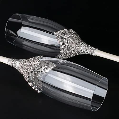 Silver Champagne Flutes - Crystal Glasses Metal Base With Crystal Stones, Set Of 2 Toasting Flute Pair, Wedding Anniversary Party Birthday Banquets, Gifts For Bride And Groom7oz… 6 Silver Champagne Flutes - Crystal Glasses Metal Base With Crystal Stones, Set Of 2 Toasting Flute Pair, Wedding Anniversary Party Birthday Banquets, Gifts For Bride And Groom7oz… - Image 4