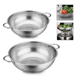Colander Set Of 2, Heavy Duty Stainless Steel Micro-Perforated Strainer Mesh Colander With Handle For Draining Rinsing Washing Pasta Vegetables Fruits, Dishwasher Safe -3/5 Quart
