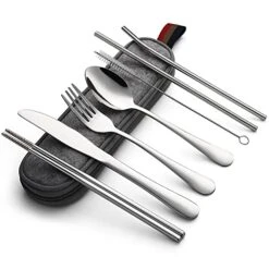 Portable Utensils, Travel Camping Cutlery Set, 8-Piece Including Knife Fork Spoon Chopsticks Cleaning Brush Straws Portable Case, Stainless Steel Flatware Set (Silver)