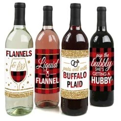 Big Dot Of Happiness Flannel Fling Before The Ring - Buffalo Plaid Bachelorette Party Decorations For Women And Men - Wine Bottle Label Stickers - Set Of 4
