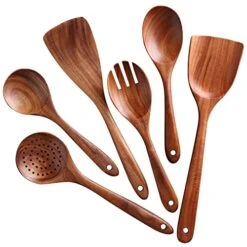 Wooden Spoons For Cooking, 6 Pcs Wooden Utensils For Cooking, Natural Teak Wood Non-Stick Cooking Spoons, Comfort Grip Wood Utensils Set For Kitchen